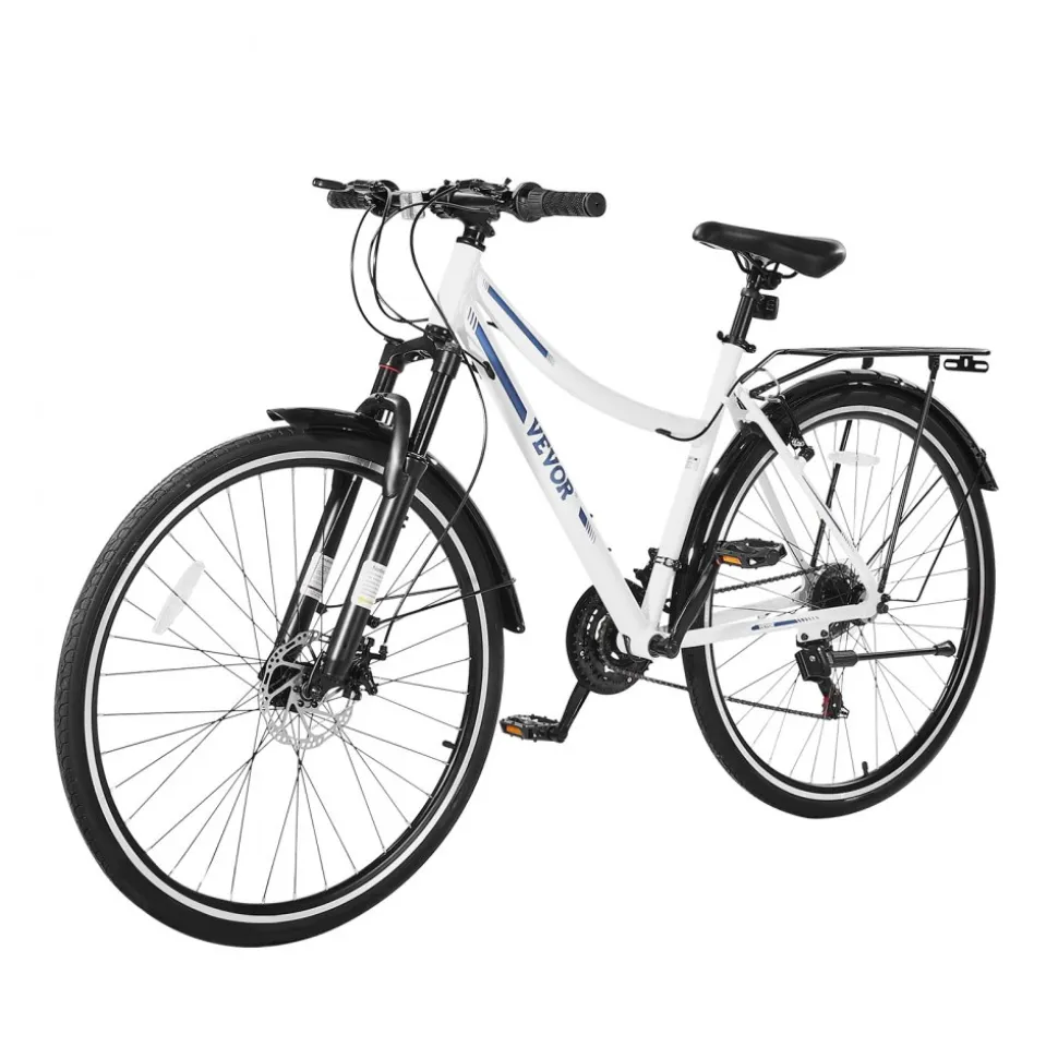 VEVOR Hybrid Bike, Lightweight Aluminum Frame Bike, 700c Wheel Men and Women Hybrid Bicycle, Step-Through Adult Urban City Commuter Bikes, 21-Speed Shimano Drivetrain, Dual Brakes, Front Suspension