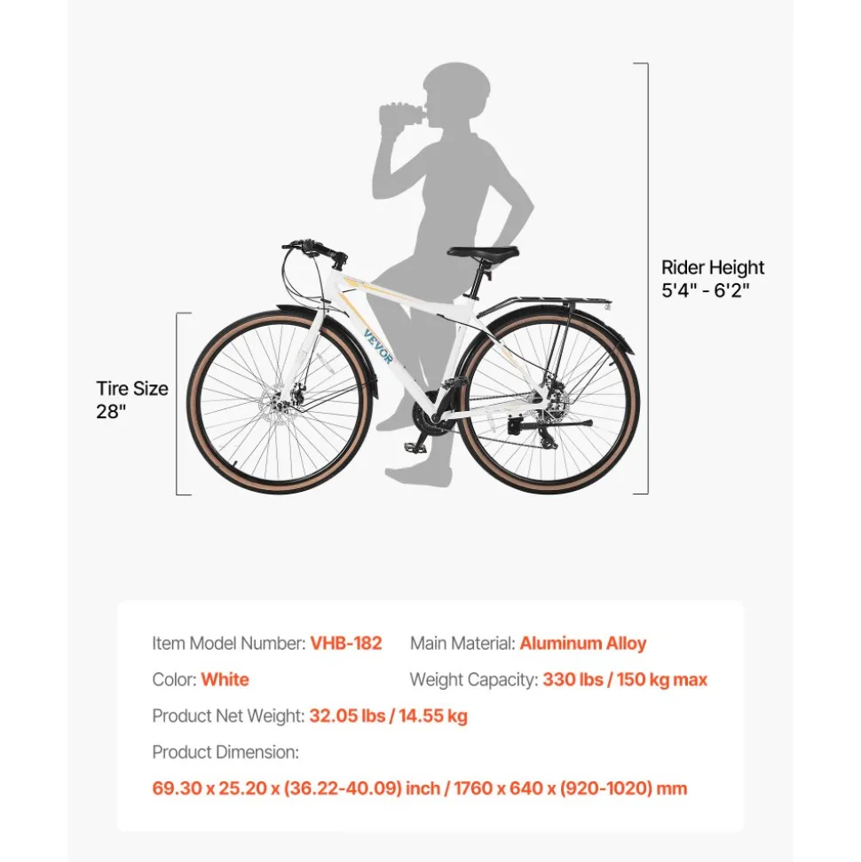 VEVOR Hybrid Bike, Lightweight Aluminum Frame Bike, 700c Wheel Men Women Hybrid Bicycle, Step-Over Adult Urban City Commuter Bikes, with 24-Speed Shimano Drivetrain, Alloy Adjustable Stem, Dual Brakes