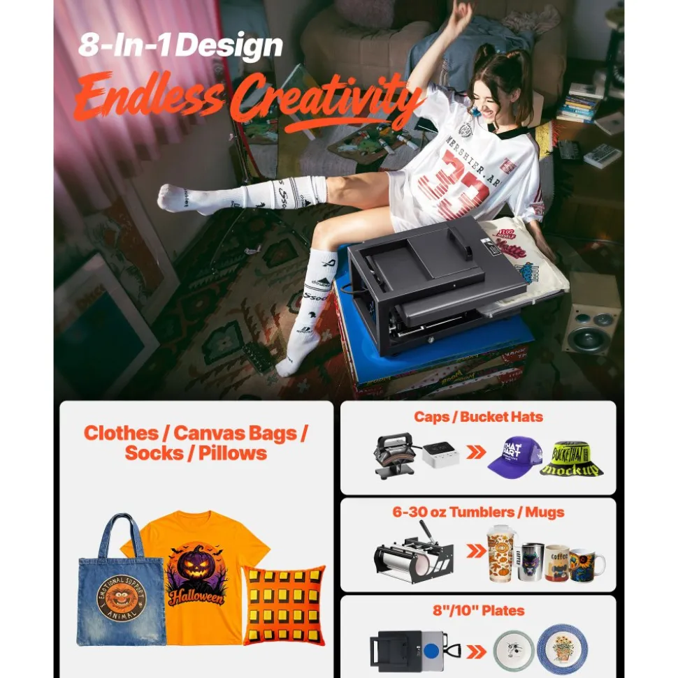 VEVOR Hybrid Heat Press, 15 x 15 inch, 8-in-1 Multifunction, Heat Up Fast and Even, All-New Patented Design, Easy to Control, Sublimation Press Machine for T-shirts/Mugs/Tumblers/Caps/Plates, Black