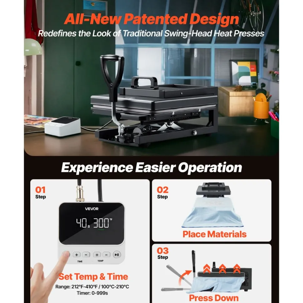 VEVOR Hybrid Heat Press, 15 x 15 inch, 8-in-1 Multifunction, Heat Up Fast and Even, All-New Patented Design, Easy to Control, Sublimation Press Machine for T-shirts/Mugs/Tumblers/Caps/Plates, Black