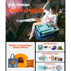 VEVOR Hybrid Heat Press, 15 x 15 inch, 5-in-1 Multifunction, Heat Up Fast and Even, All-New Patented Design, Easy to Control, Sublimation Press Machine for T-shirts/Tumblers/Caps/Plates, Light Green