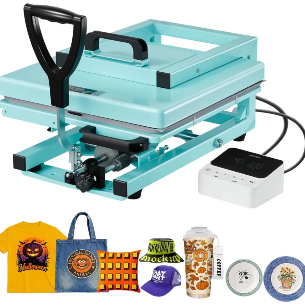 VEVOR Hybrid Heat Press, 15 x 15 inch, 5-in-1 Multifunction, Heat Up Fast and Even, All-New Patented Design, Easy to Control, Sublimation Press Machine for T-shirts/Tumblers/Caps/Plates, Light Green