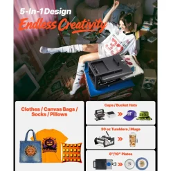 VEVOR Hybrid Heat Press, 15 x 15 inch, 5-in-1 Multifunction, Heat Up Fast and Even, All-New Patented Design, Easy to Control, Sublimation Press Machine for T-shirts/Mugs/Tumblers/Caps/Plates, Black