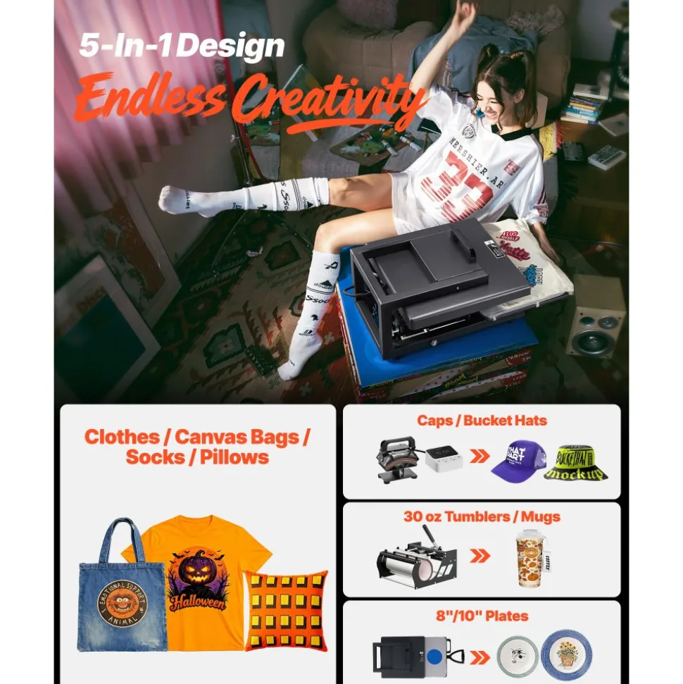 VEVOR Hybrid Heat Press, 15 x 15 inch, 5-in-1 Multifunction, Heat Up Fast and Even, All-New Patented Design, Easy to Control, Sublimation Press Machine for T-shirts/Mugs/Tumblers/Caps/Plates, Black