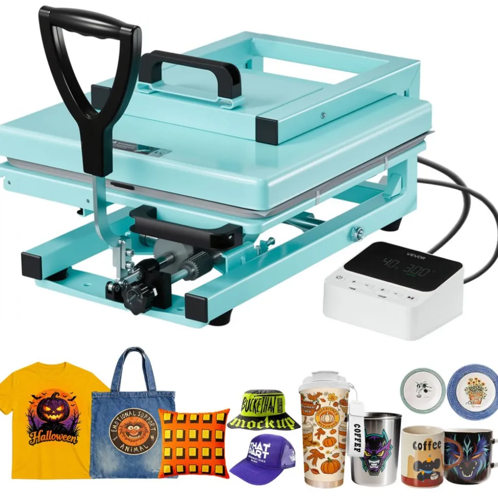 VEVOR Hybrid Heat Press, 15 x 15 inch, 8-in-1 Multifunction, Heat Up Fast and Even, All-New Patented Design, Easy to Control, Sublimation Press Machine for T-shirts/Tumblers/Caps/Plates, Light Green