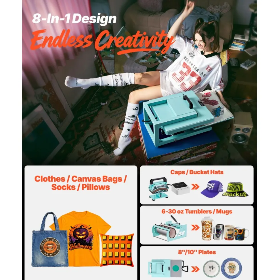 VEVOR Hybrid Heat Press, 15 x 15 inch, 8-in-1 Multifunction, Heat Up Fast and Even, All-New Patented Design, Easy to Control, Sublimation Press Machine for T-shirts/Tumblers/Caps/Plates, Light Green