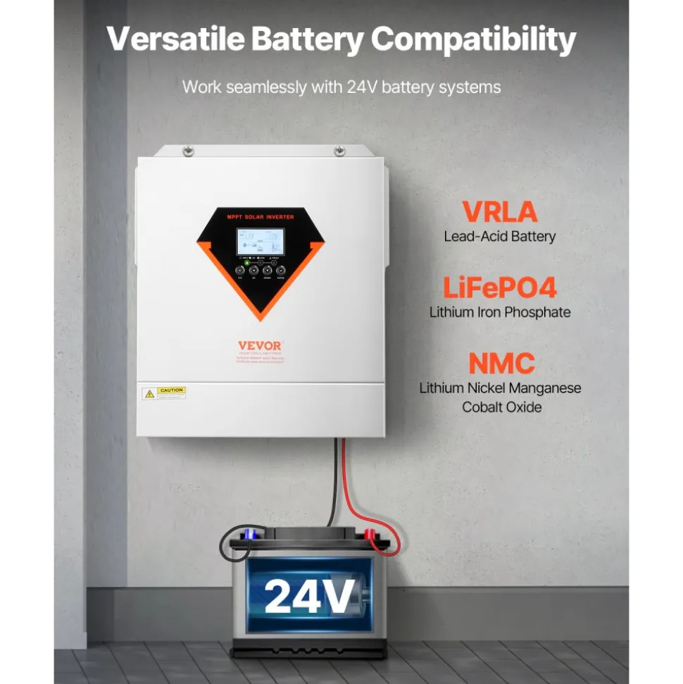 VEVOR Hybrid Solar Inverter, 3000W, All in One Pure Sine Wave Power Inverter Charger, 24V DC to 110/120V AC, with Built-in 100A MPPT Solar Controller, for Off-Grid System Lead Acid Lithium Battery
