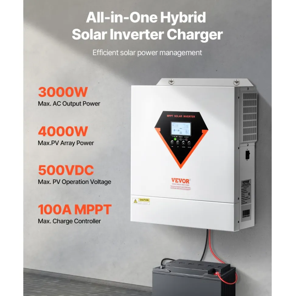 VEVOR Hybrid Solar Inverter, 3000W, All in One Pure Sine Wave Power Inverter Charger, 24V DC to 110/120V AC, with Built-in 100A MPPT Solar Controller, for Off-Grid System Lead Acid Lithium Battery