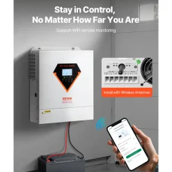 VEVOR Hybrid Solar Inverter, 3000W, All in One Pure Sine Wave Power Inverter Charger, 24V DC to 110/120V AC, with Built-in 100A MPPT Solar Controller, for Off-Grid System Lead Acid Lithium Battery
