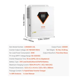VEVOR Hybrid Solar Inverter, 3000W, All in One Pure Sine Wave Power Inverter Charger, 24V DC to 110/120V AC, with Built-in 100A MPPT Solar Controller, for Off-Grid System Lead Acid Lithium Battery