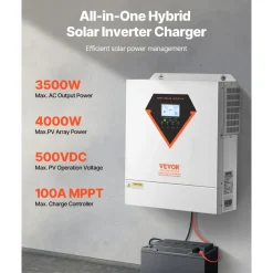 VEVOR Hybrid Solar Inverter, 3500W, All in One Pure Sine Wave Power Inverter Charger, 24V DC to Single-Phase 220/230V AC, with 100A MPPT Solar Controller, for Off-Grid System Lead Acid Lithium Battery
