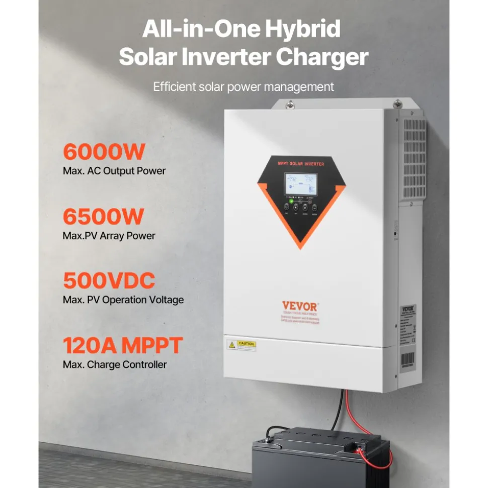 VEVOR Hybrid Solar Inverter, 6000W, All in One Pure Sine Wave Power Inverter Charger, 48V DC to Single-Phase 220/230V AC, with 120A MPPT Solar Controller, for Off-Grid System Lead Acid Lithium Battery