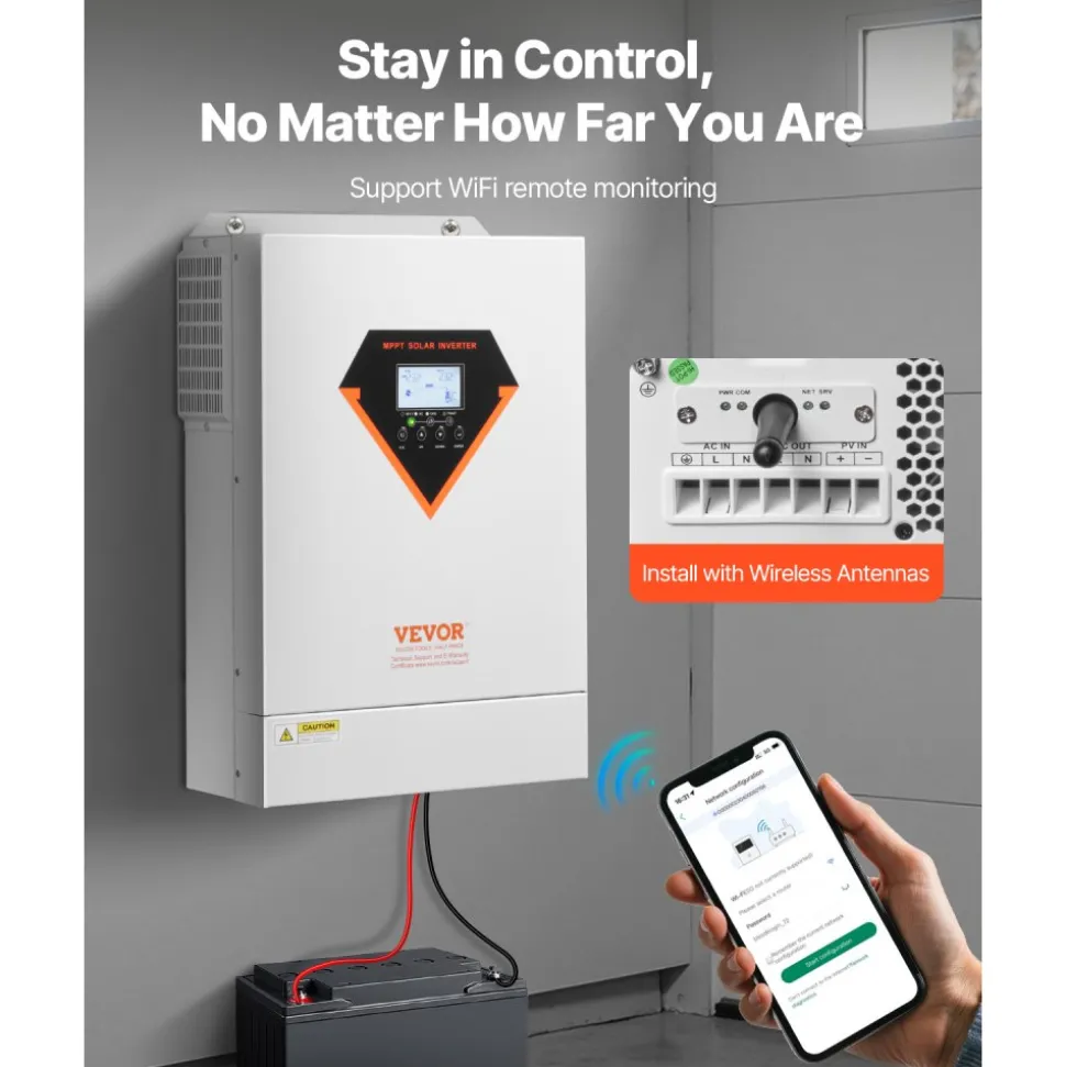 VEVOR Hybrid Solar Inverter, 6000W, All in One Pure Sine Wave Power Inverter Charger, 48V DC to Single-Phase 220/230V AC, with 120A MPPT Solar Controller, for Off-Grid System Lead Acid Lithium Battery