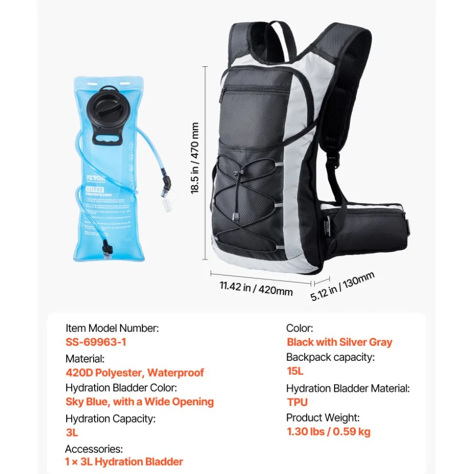 VEVOR Hydration Backpack, 15L Insulated Hydration Pack Backpack with 3L TPU Water Bladder, Hiking Water Backpack with Storage for Men Women, Hydro Water Daypack for Hiking Runnin Hiking Cycling Camping