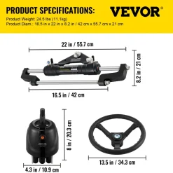 VEVOR Hydraulic Boat Steering Kit, 300HP Hydraulic Steering Kit Helm Pump, Cylinder, Wheel, 18 Feet Hose Hydraulic Steering Seal Kit, Corrosion-Resistant Boat Steering System Marine Steering Kit
