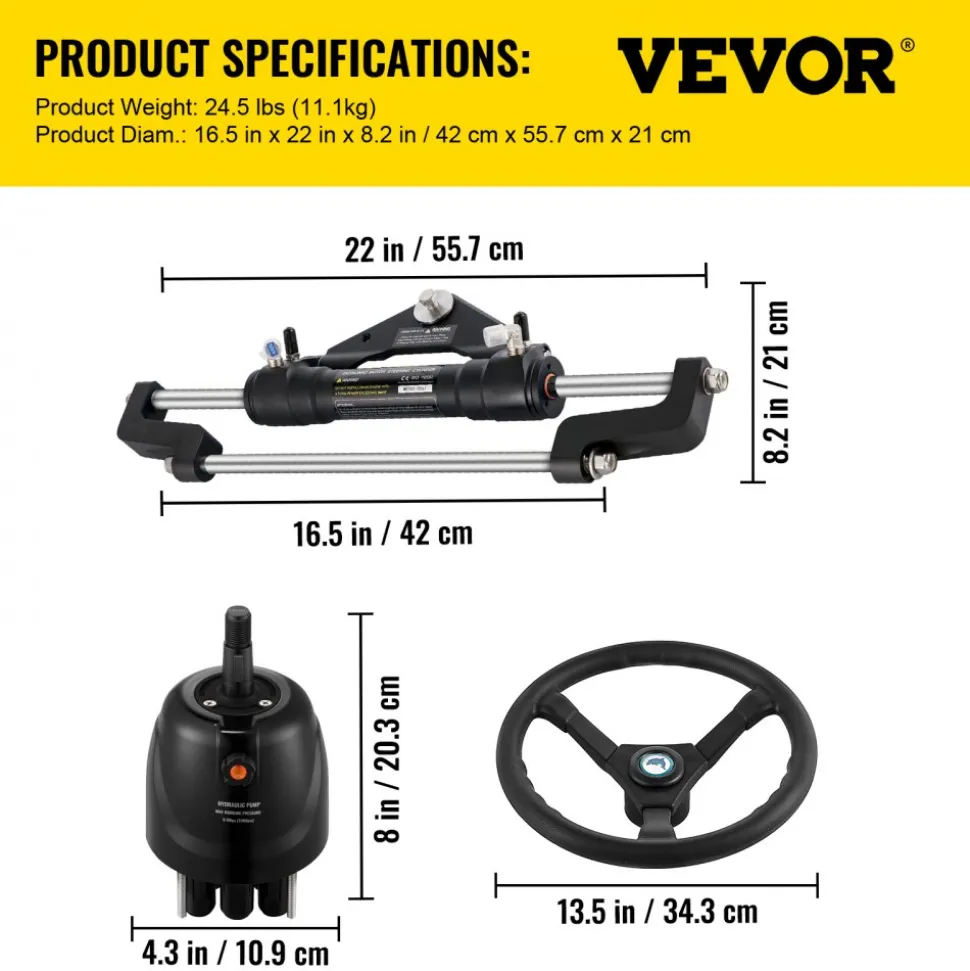 VEVOR Hydraulic Boat Steering Kit, 300HP Hydraulic Steering Kit Helm Pump, Cylinder, Wheel, 18 Feet Hose Hydraulic Steering Seal Kit, Corrosion-Resistant Boat Steering System Marine Steering Kit