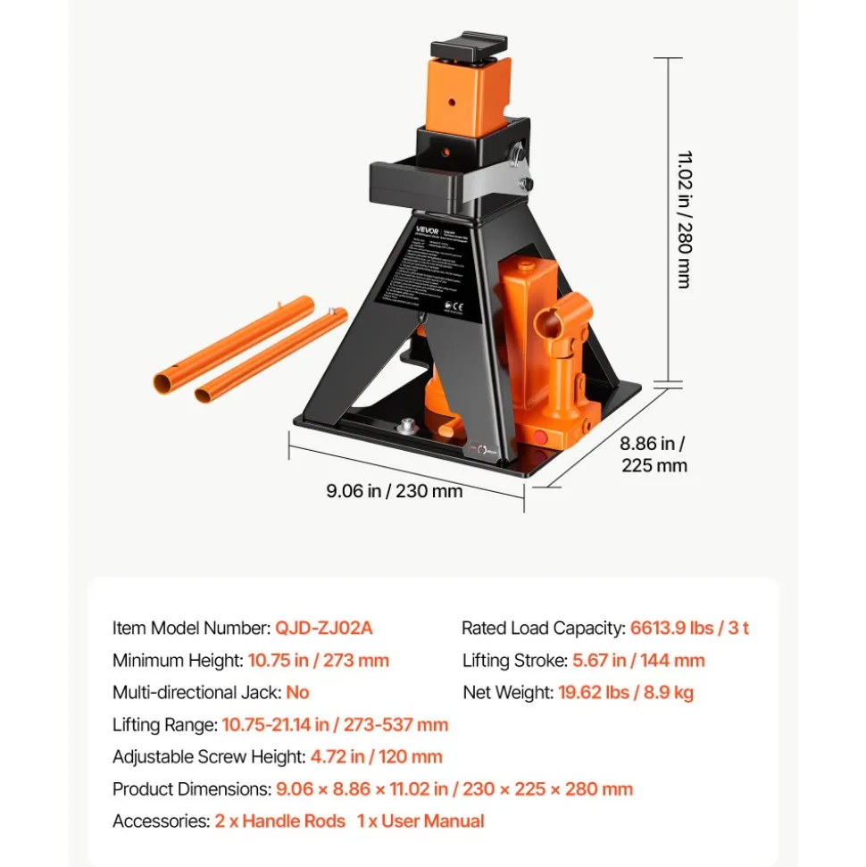 VEVOR Hydraulic Bottle Jack and Jack Stand in One 3 Ton (6613.9 lbs) Lift, for Sedans, Compact SUVs & Small Vans, 10.75"-21.14" Lifting Range, All-in-One Heavy Duty Vehicle Unijack with Wide Base