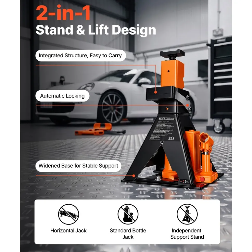 VEVOR Hydraulic Bottle Jack and Jack Stand in One 3 Ton (6613.9 lbs) Lift, for Sedans, Compact SUVs & Small Vans, 10.75"-21.14" Lifting Range, All-in-One Heavy Duty Vehicle Unijack with Wide Base