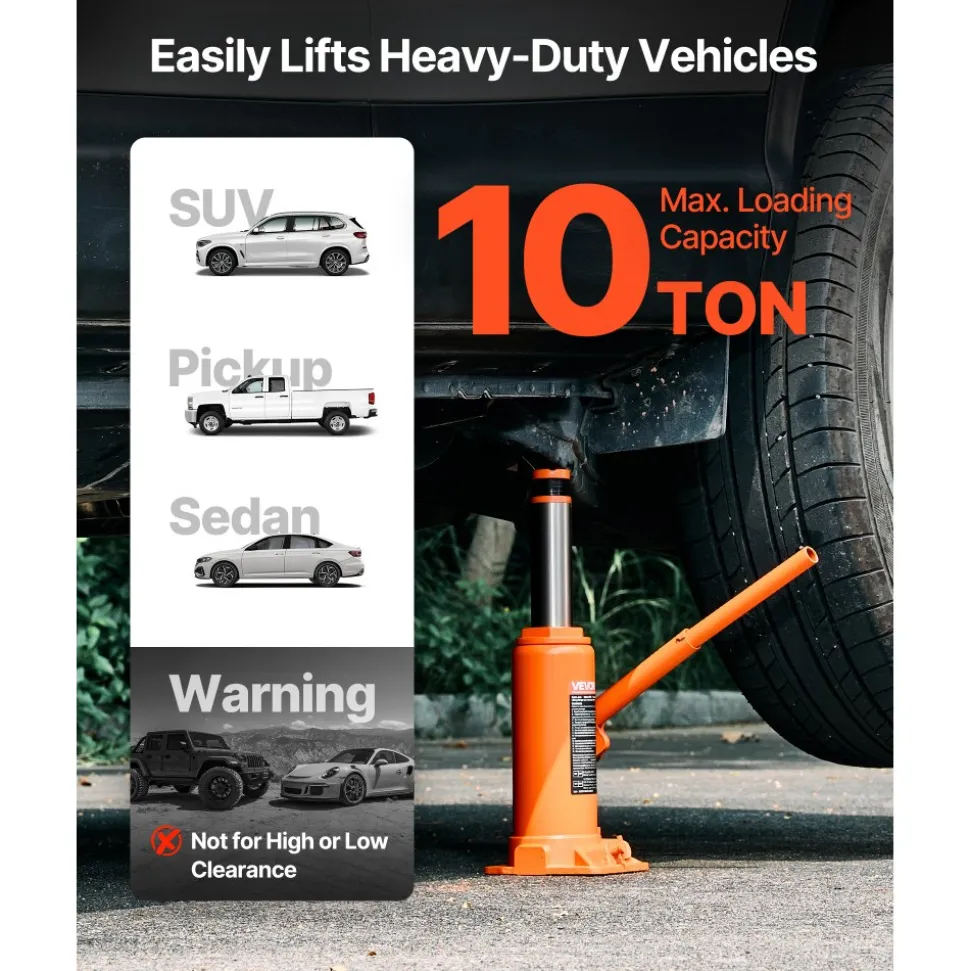 VEVOR Hydraulic Bottle Jack, 10 Ton (22046 lbs) Capacity, 9.3-18.5 Inch Lifting Range, Heavy Duty Welded Bottle Jack for Car, SUV, Pickup, Auto Repair, House Lift and Agricultural Equipment, Orange
