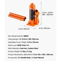 VEVOR Hydraulic Bottle Jack, 4 Ton (8818.4 lbs) Capacity, 7.3-13.8 Inch Lifting Range, Heavy Duty Welded Bottle Jack for Car, SUV, Pickup, Auto Repair, House Lift and Agricultural Equipment, Orange