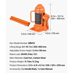 VEVOR Hydraulic Bottle Jack, 12 Ton (26455.5 lbs) Capacity, 8.1-15.7 Inch Lifting Range, Heavy Duty Welded Bottle Jack for Car, SUV, Pickup, Auto Repair, House Lift and Agricultural Equipment, Orange