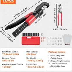 VEVOR Hydraulic Crimping Tool with 9 Sets of  Dies AWG12-2/0 Copper And Aluminum Terminal Battery Lug Crimper, with a Cutting Pliers, Gloves, 5pcs Copper Ring Connectors, 8pcs Heat Shrink Sleeves
