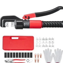VEVOR Hydraulic Crimping Tool with 9 Sets of  Dies AWG12-2/0 Copper And Aluminum Terminal Battery Lug Crimper, with a Cutting Pliers, Gloves, 5pcs Copper Ring Connectors, 8pcs Heat Shrink Sleeves