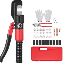 VEVOR Hydraulic Crimping Tool with 9 Sets of  Dies AWG12-2/0 Copper And Aluminum Terminal Battery Lug Crimper, with a Cutting Pliers, Gloves, 5pcs Copper Ring Connectors, 8pcs Heat Shrink Sleeves