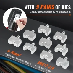 VEVOR Hydraulic Crimping Tool with 9 Sets of  Dies AWG12-2/0 Copper And Aluminum Terminal Battery Lug Crimper, with a Cutting Pliers, Gloves, 5pcs Copper Ring Connectors, 8pcs Heat Shrink Sleeves