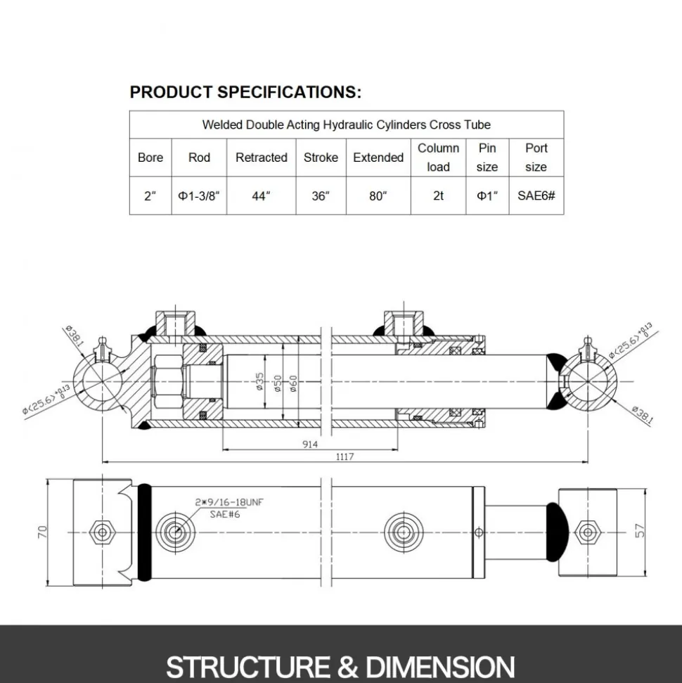 VEVOR Hydraulic Cylinder 2" Bore 36" Stroke Hydraulic Ram Cylinder 3000psi Hydraulic Cylinders Welded Double Acting Cross Tube SAE6 Port Hydraulic Lifting Cylinder (2 X 36)