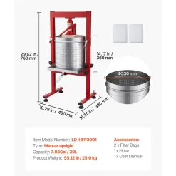 VEVOR Hydraulic Fruit Wine Press, 7.93Gal/30L, Stainless Steel Heavy Duty Manual Juice Maker, Cider Apple Grape Vegetable Crusher, Cheese/Tincture/Herbal Press, with 2 Filter Bags, for Kitchen Home
