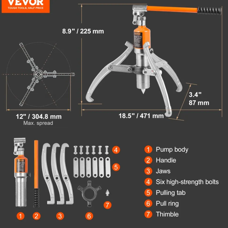 VEVOR Hydraulic Gear Puller, 15 Ton Max Capacity Wheel Bearing Pulling Separator, 2 or 3 Jaws Puller, Vertically and Horizontally, 12" Jaw Hydraulic Puller with Case for Pulling Hubs