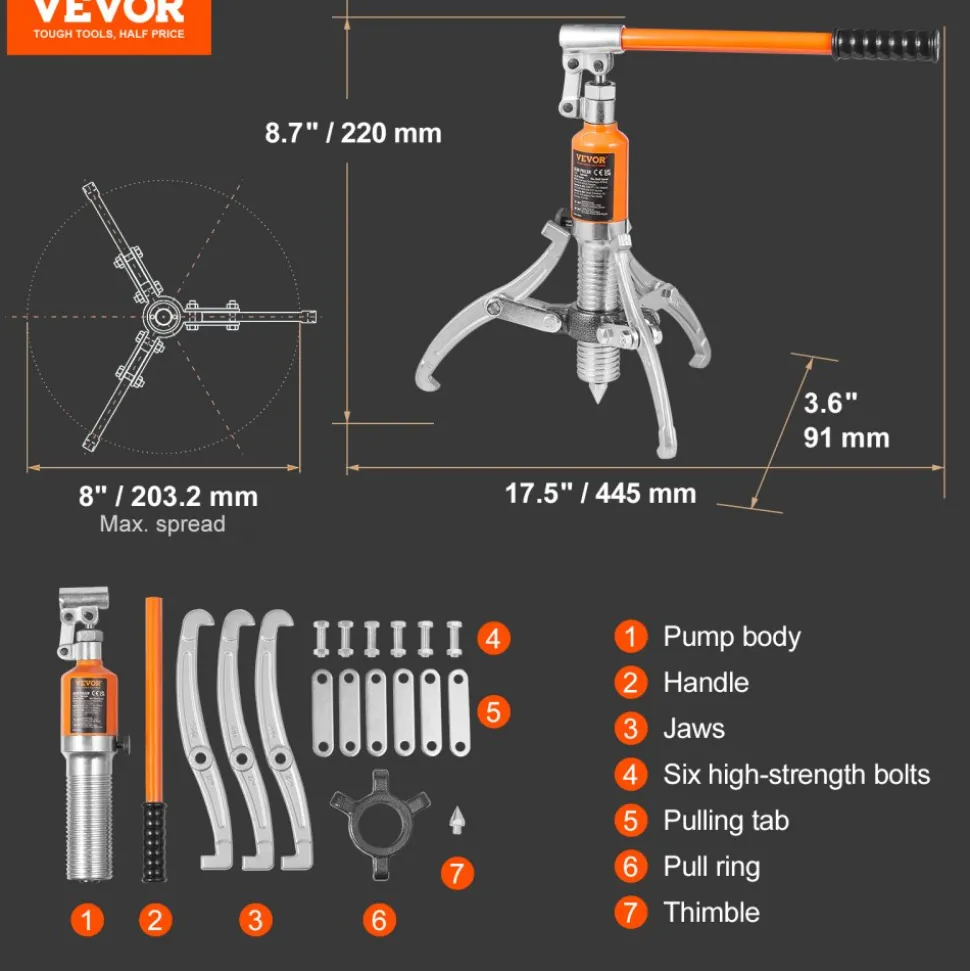 VEVOR Hydraulic Gear Puller, 5 Ton Max Capacity Wheel Bearing Pulling Separator, 2 or 3 Jaws Puller, Vertically and Horizontally, 8" Jaw Hydraulic Puller with Case for Pulling Hubs