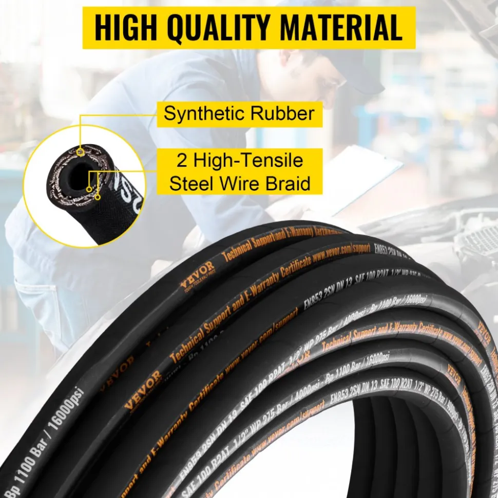 VEVOR Hydraulic Hose 1/2 inch x 100 ft, Coiled Hydraulic Hose 4000 PSI, Rubber Hydraulic Hose with 2 High-Tensile Steel Wire Braid, Bulk Hydraulic Hose -20℃ to 140℃, Hydraulic Oil Flexible Hose
