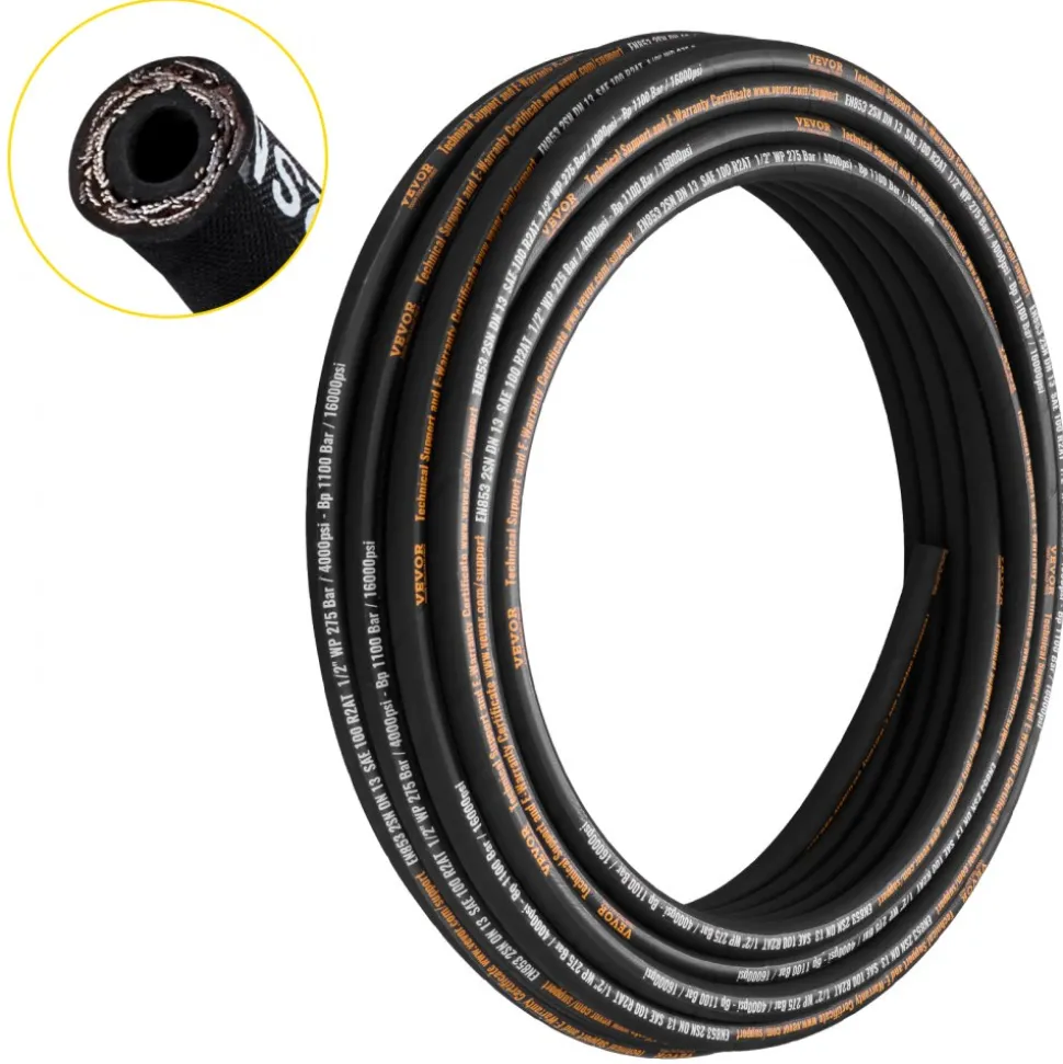 VEVOR Hydraulic Hose 1/2 inch x 100 ft, Coiled Hydraulic Hose 4000 PSI, Rubber Hydraulic Hose with 2 High-Tensile Steel Wire Braid, Bulk Hydraulic Hose -20℃ to 140℃, Hydraulic Oil Flexible Hose