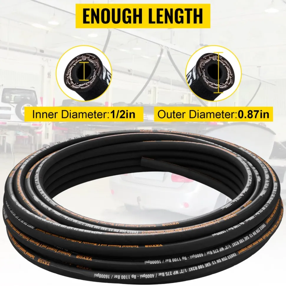 VEVOR Hydraulic Hose 1/2 inch x 100 ft, Coiled Hydraulic Hose 4000 PSI, Rubber Hydraulic Hose with 2 High-Tensile Steel Wire Braid, Bulk Hydraulic Hose -20℃ to 140℃, Hydraulic Oil Flexible Hose