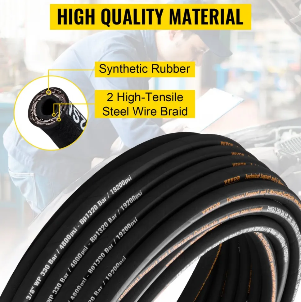VEVOR Hydraulic Hose 3/8 inch x 100 ft, Coiled Hydraulic Hose 4800 PSI, Rubber Hydraulic Hose with 2 High-Tensile Steel Wire Braid, Bulk Hydraulic Hose -20°C to 140°C, Hydraulic Oil Flexible Hose