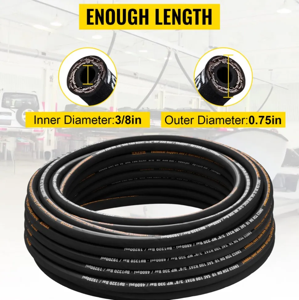 VEVOR Hydraulic Hose 3/8 inch x 100 ft, Coiled Hydraulic Hose 4800 PSI, Rubber Hydraulic Hose with 2 High-Tensile Steel Wire Braid, Bulk Hydraulic Hose -20°C to 140°C, Hydraulic Oil Flexible Hose
