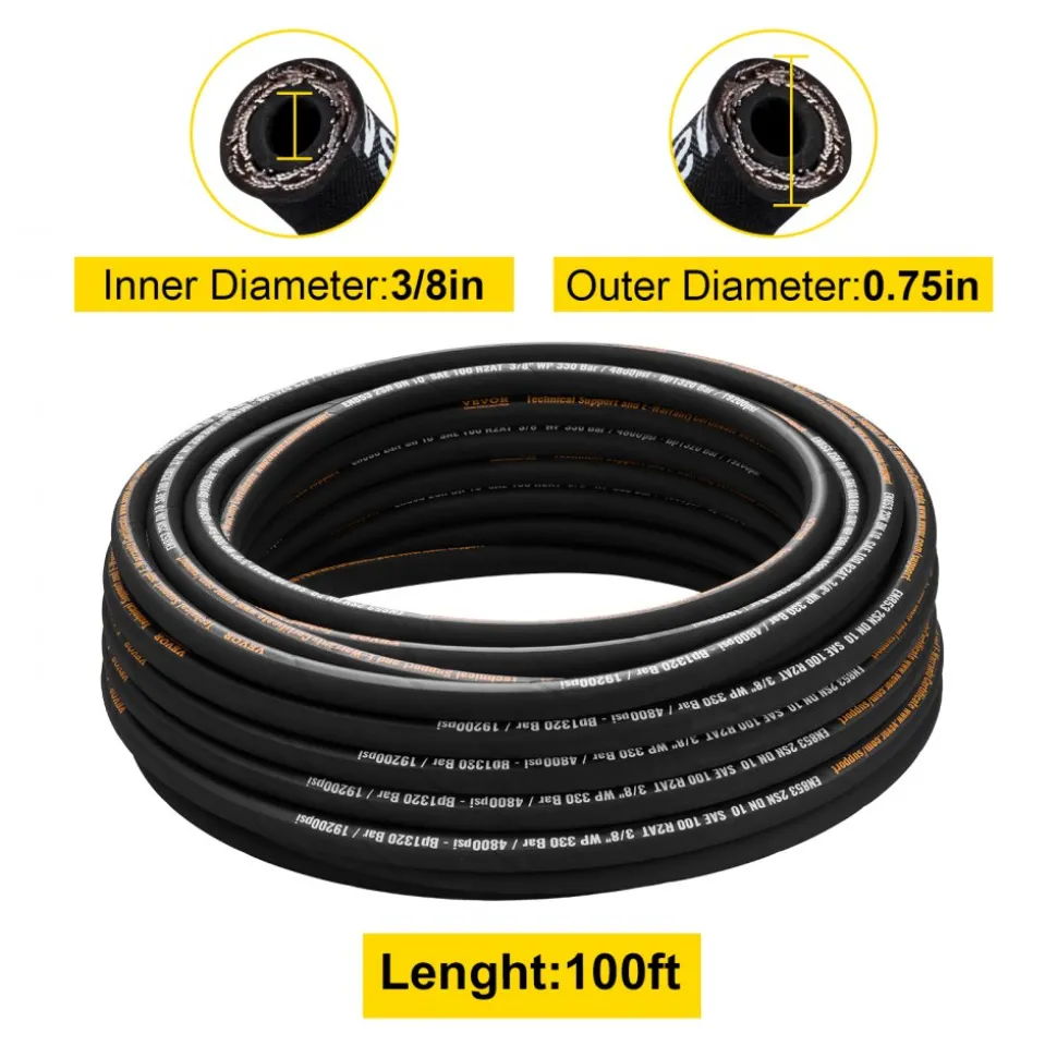 VEVOR Hydraulic Hose 3/8 inch x 100 ft, Coiled Hydraulic Hose 4800 PSI, Rubber Hydraulic Hose with 2 High-Tensile Steel Wire Braid, Bulk Hydraulic Hose -20°C to 140°C, Hydraulic Oil Flexible Hose