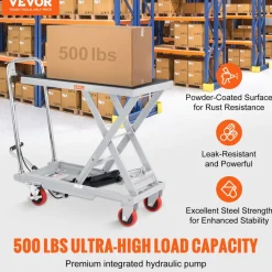 VEVOR Hydraulic Lift Table Cart, 500lbs Capacity 28.5" Lifting Height, Manual Single Scissor Lift Table with 4 Wheels and Non-slip Pad, Hydraulic Scissor Cart for Material Handling, Gray