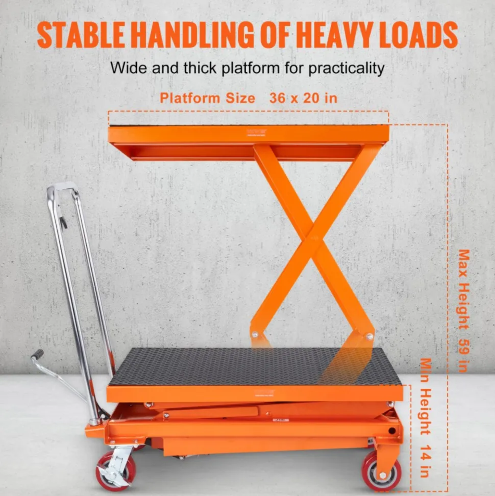 VEVOR Hydraulic Lift Table Cart, 770lbs Capacity 59" Lifting Height, Manual Double Scissor Lift Table with 4 Wheels and Non-slip Pad, Hydraulic Scissor Cart for Material Handling and Transportation