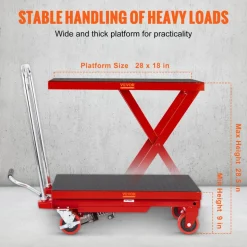 VEVOR Hydraulic Lift Table Cart, 500lbs Capacity 28.5" Lifting Height, Manual Single Scissor Lift Table with 4 Wheels and Non-slip Pad, Hydraulic Scissor Cart for Material Handling, Red