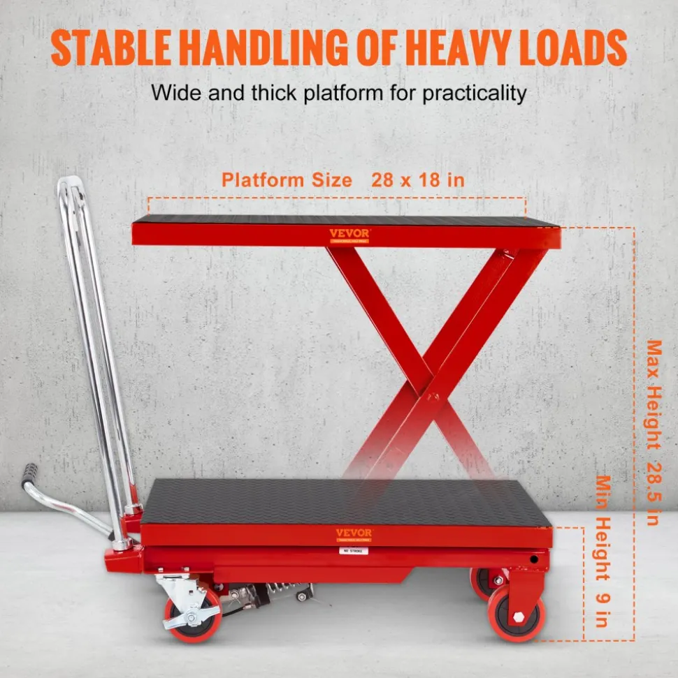 VEVOR Hydraulic Lift Table Cart, 500lbs Capacity 28.5" Lifting Height, Manual Single Scissor Lift Table with 4 Wheels and Non-slip Pad, Hydraulic Scissor Cart for Material Handling, Red
