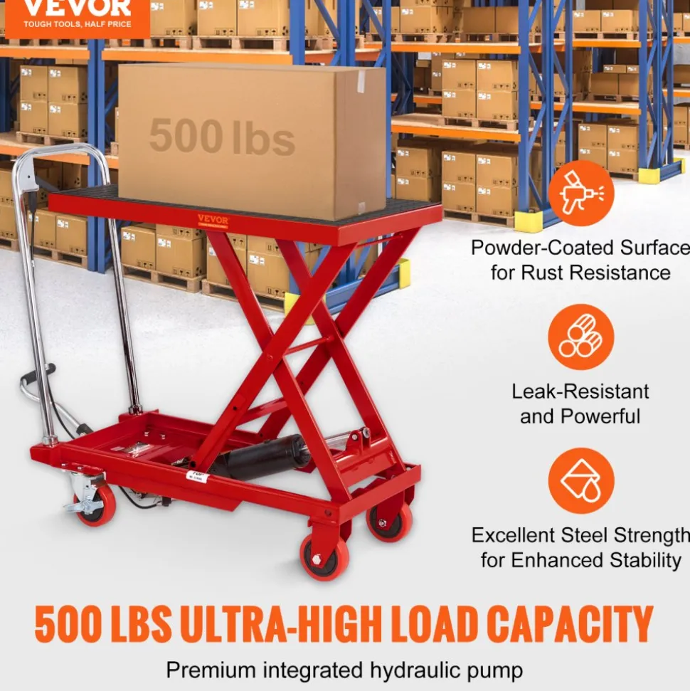 VEVOR Hydraulic Lift Table Cart, 500lbs Capacity 28.5" Lifting Height, Manual Single Scissor Lift Table with 4 Wheels and Non-slip Pad, Hydraulic Scissor Cart for Material Handling, Red