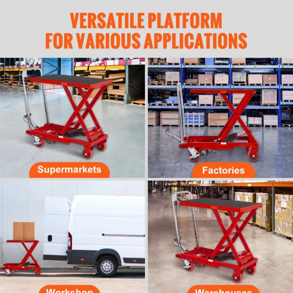 VEVOR Hydraulic Lift Table Cart, 500lbs Capacity 28.5" Lifting Height, Manual Single Scissor Lift Table with 4 Wheels and Non-slip Pad, Hydraulic Scissor Cart for Material Handling, Red