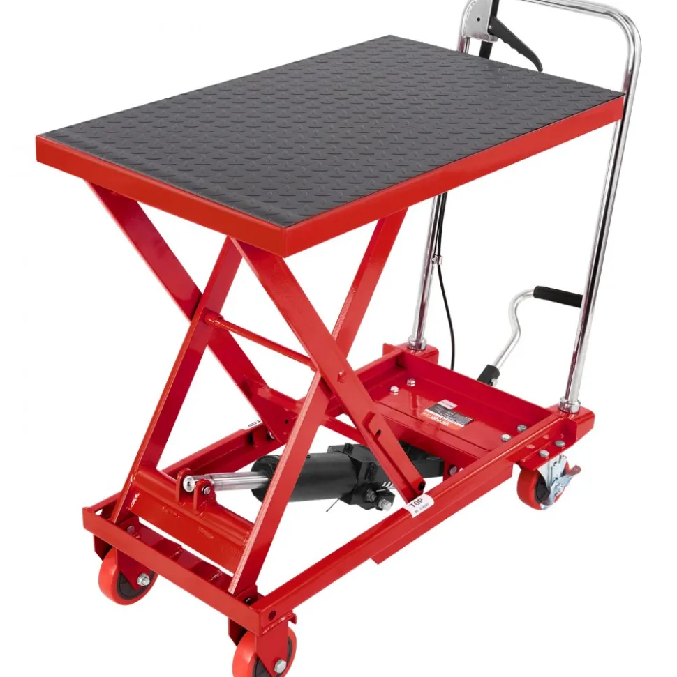 VEVOR Hydraulic Lift Table Cart, 500lbs Capacity 28.5" Lifting Height, Manual Single Scissor Lift Table with 4 Wheels and Non-slip Pad, Hydraulic Scissor Cart for Material Handling, Red