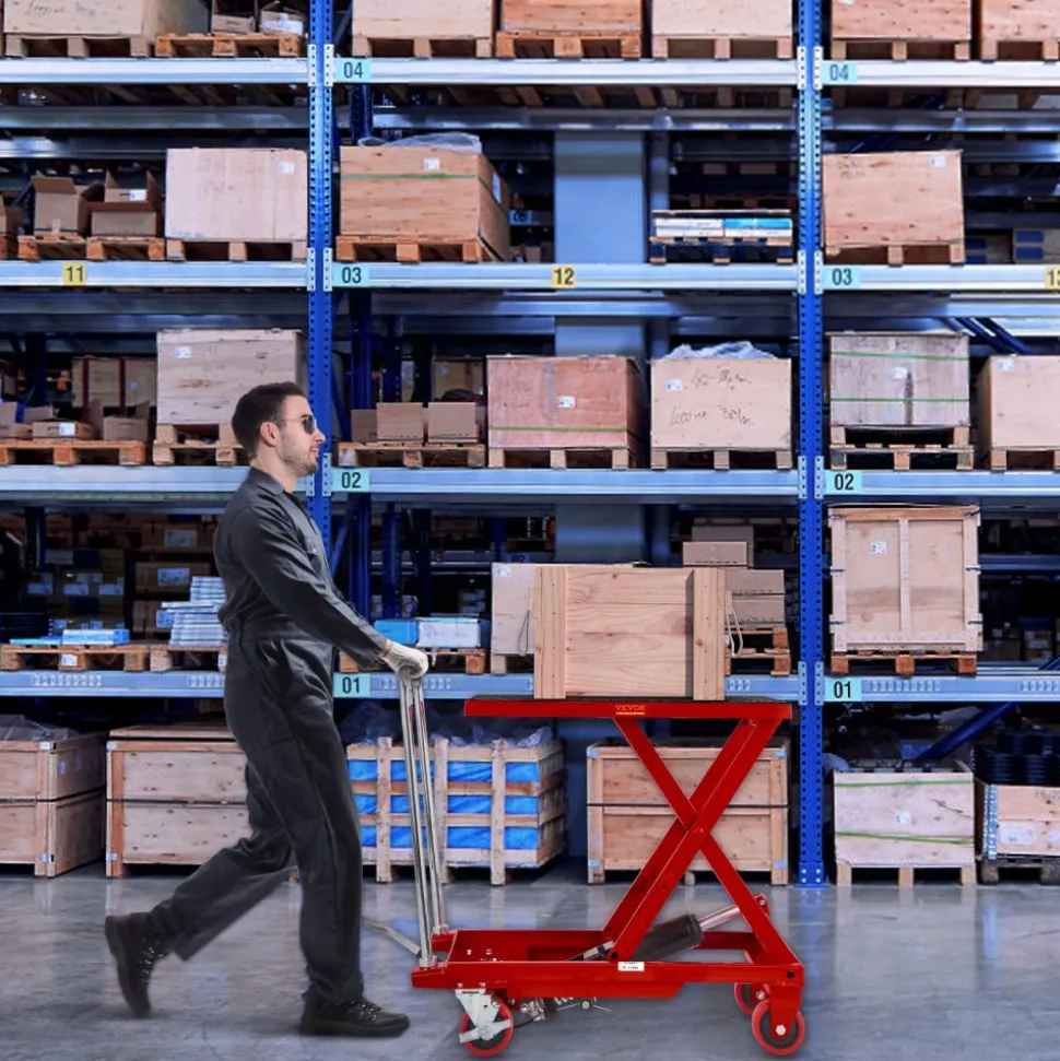 VEVOR Hydraulic Lift Table Cart, 500lbs Capacity 28.5" Lifting Height, Manual Single Scissor Lift Table with 4 Wheels and Non-slip Pad, Hydraulic Scissor Cart for Material Handling, Red