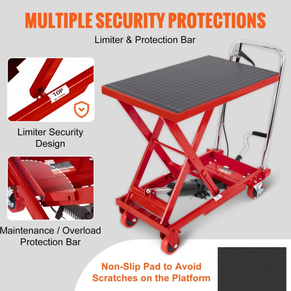VEVOR Hydraulic Lift Table Cart, 500lbs Capacity 28.5" Lifting Height, Manual Single Scissor Lift Table with 4 Wheels and Non-slip Pad, Hydraulic Scissor Cart for Material Handling, Red