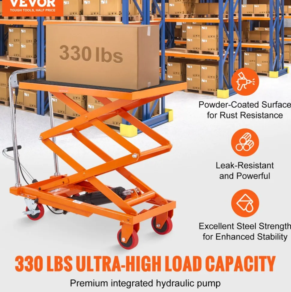 VEVOR Hydraulic Lift Table Cart, 330lbs Capacity 50" Lifting Height, Manual Double Scissor Lift Table with 4 Wheels and Non-slip Pad, Hydraulic Scissor Cart for Material Handling and Transportation