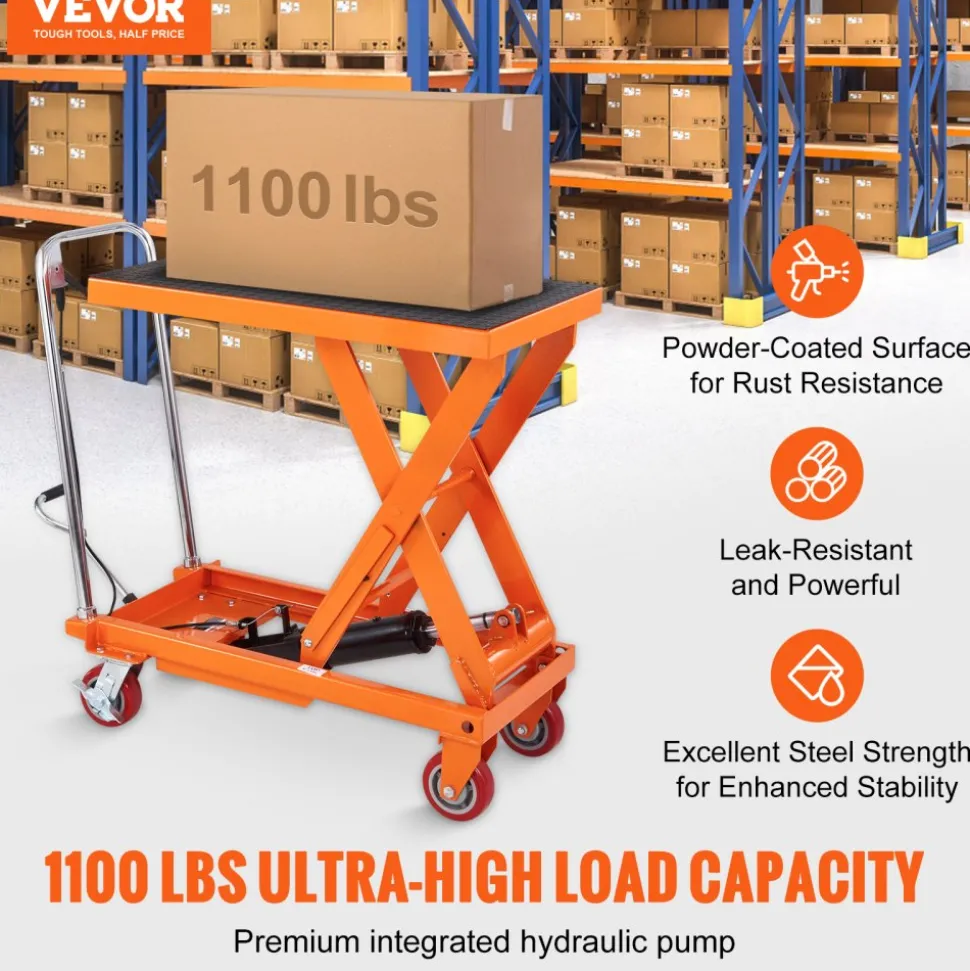 VEVOR Hydraulic Lift Table Cart, 1100lbs Capacity 35.4" Lifting Height, Manual Single Scissor Lift Table with 4 Wheels and Non-slip Pad, Hydraulic Scissor Cart for Material Handling and Transportation